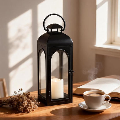 Decorative Candle Lanterns Outdoor Large 15.5“ Battery Powered Hanging Lanterns with Flameless Candle for Front Porch, Entrance, Indoor, Black, 1 Pack