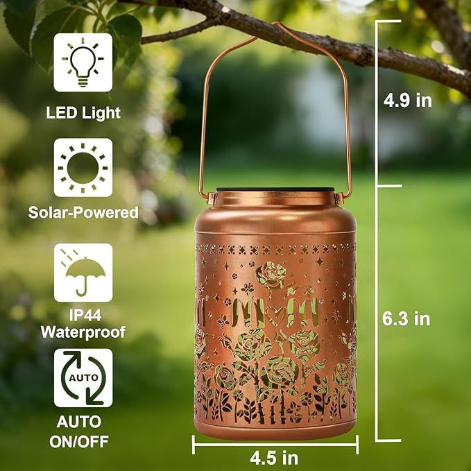 Birthday Gifts for Women Mom Grandma Solar Lantern Outdoor Waterproof, Gardening Gifts for Women, Mom Christmas Rose Garden Decor Hanging Solar Lights Yard Decorations Outdoor, Backyard, Patio
