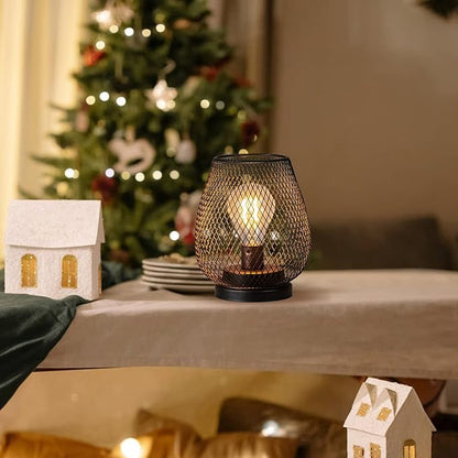 DECORKEY Set of 4 Battery Operated Lamp LED Table Lantern, Brown Metal Cage Cordless Lamps with LED Bulb，Vintage Decorative Outdoor Lantern for Weddings, Parties, Patio, Events for Indoors Shelf Decor