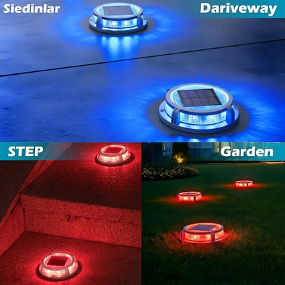 SIEDiNLAR Solar Deck Lights Outdoor 2 Modes 16 LEDs Dock Light Driveway Markers Solar Powered Waterproof for Ground Step Stair Pathway Walkway Garden Yard Road 12 Pack (Blue/Red)