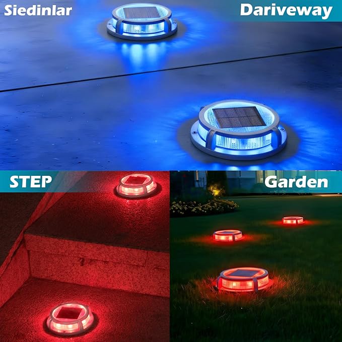 SIEDiNLAR Solar Deck Lights Outdoor 2 Modes 16 LEDs Dock Light Driveway Markers Solar Powered Waterproof for Ground Pathway Step Walkway Stair Garden Yard Road 16 Pack (Blue/Red)