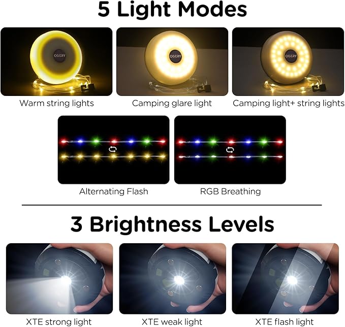 OGERY Camping String Lights, 4 in 1 Quick Storage 32.8FT Rechargeable Tent Lights String with 8 Lighting Modes, Hanging Waterproof Portable LED Lamp for Outdoor Patio Awning Garden Party Essentials