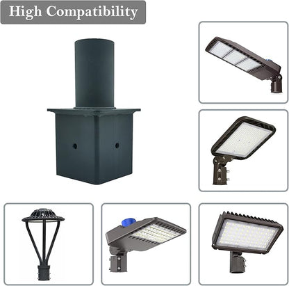 Light Pole Tenon Adapter for 4 Inch Square Pole, Metal 3.5" Square Slip Fitter Adapter with 2 3/8 Round Adaptor for Parking Lot Light, Outdoor Mount Bracket, Street Lights (4" Square Tenon Adapter)