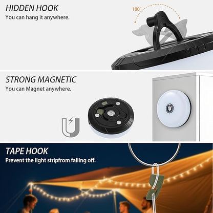 Camping String Lights, 4 in 1 Portable Camping Light Rechargeable, 8 Lighting Modes, USB Charging, Quick Storage, 32.8FT Waterproof Tent Lights String for Camping, Hiking, Yard, Christmas, Black