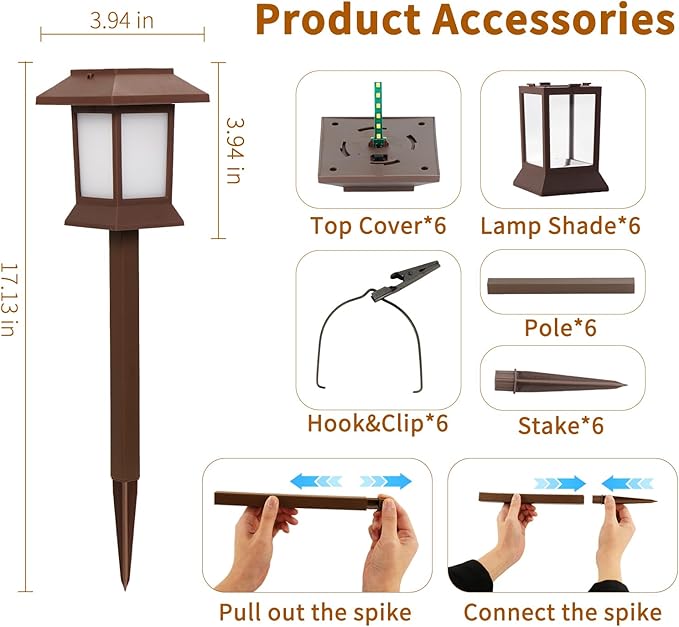 6Pack Solar Pathway Lights Outdoor with Flickering Flame, IP65 Waterproof, Solar Flame Lights with Hook, Upgraded 1000mAH Battery, Up to 12Hrs, Auto On/Off, Decor for Garden, Walkway