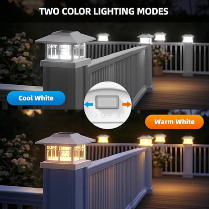 EXCMARK 2 Pack 4x4 Solar Post Cap Lights Fence Deck Post Lights Outdoor Solar Powered Waterproof with Two Light Modes Warm&Cool White for Garden Patio Decor. (Classic White,2)