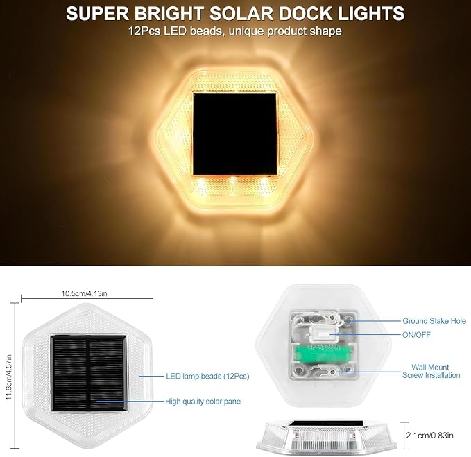 Solar Deck Lights Dock Step Lights-12 Packs Waterproof 1200mAh Auto ON/Off LED Solor Powered Stair Lighting for Outdoor Garden, Patio, Pathway, Walkway, Driveway (Warm White)