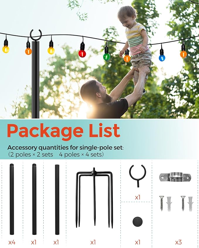 4-Pack 9ft Metal Light Poles for Deck, Heavy-Duty