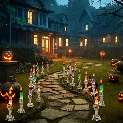 Halloween Candle Light Stakes, 5 Pack Skeleton Hands Hold Lighted Candle Pathway Makers, Waterproof Battery Operated with Timer, Light Up Figurine for Indoor Outdoor Holiday Party