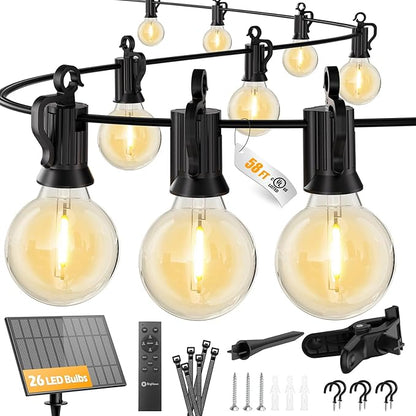 Brightown 58ft Solar String Lights, 26 Shatterproof LED Bulbs with Remote Control, Outdoor Patio & Cafe Lights