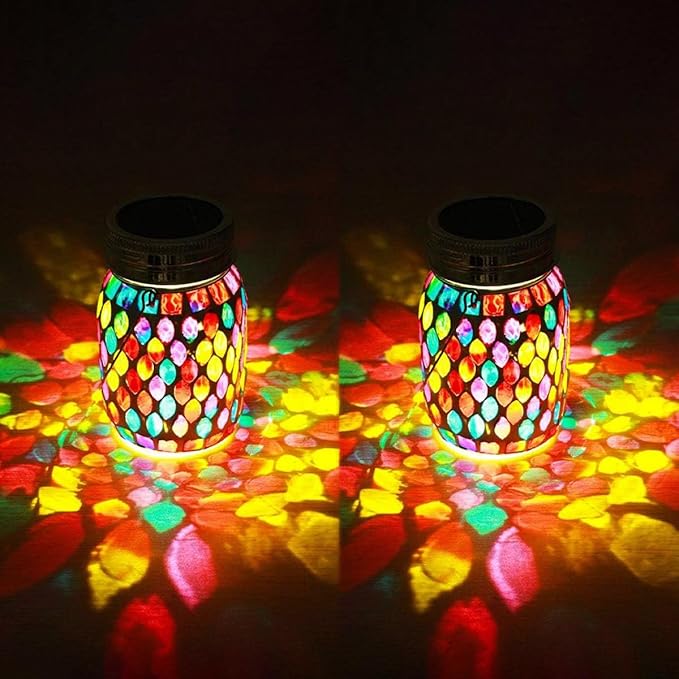 2pack Solar Mosaic Outdoor Waterproof Cool Blue Mosaic jar Decor Christmas Gifts for Women Mom Grandma Halloween Hanging Solar Lights Decoration Outside for Yard, Patio,Backyard,Porch (Modern)