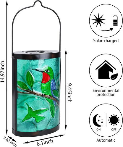 Hanging Solar Lantern Outdoor Waterproof Hummingbird Solar Lights Glass Tabletop Decorative Lamp for Outdoor Patio Garden Outside Yard Decor