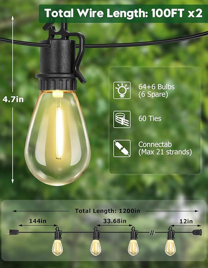 200FT Outdoor String Lights with 70 Shatterproof S14 Vintage Edison Bulbs E12 Sockets,2700K Dimmable Outdoor Lights,IP55 Waterproof LED String Lights for Outside, Patio, Garden, Backyard,Bistro