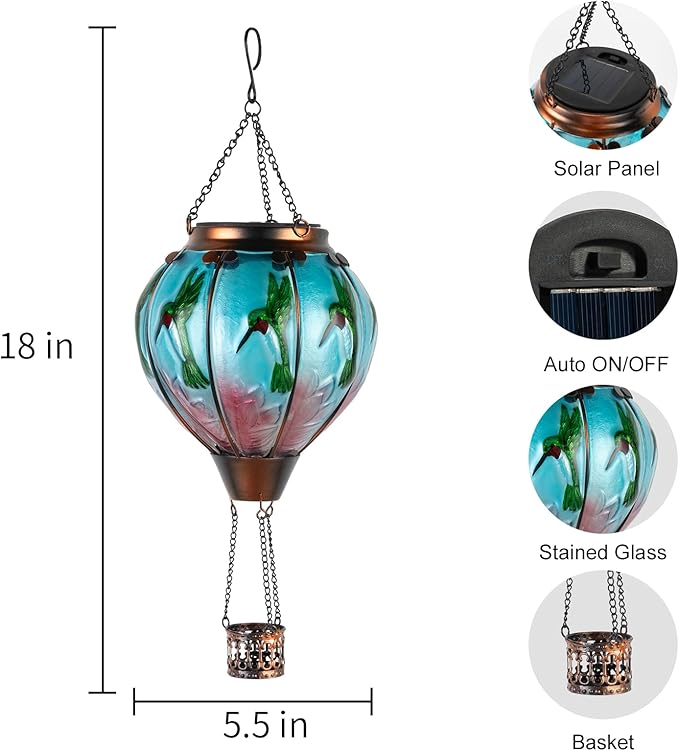 Larekook Hummingbird Hot Air Balloon Solar Lantern Outdoor Waterproof,Glass Garden Decor,Solar Hot Air Balloon Lantern with Flame Flickering Light for Yard Patio Lawn,Hummingbird Gifts for Women Mom