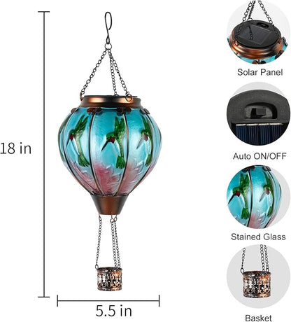 Larekook Hummingbird Hot Air Balloon Solar Lantern Outdoor Waterproof,Glass Garden Decor,Solar Hot Air Balloon Lantern with Flame Flickering Light for Yard Patio Lawn,Hummingbird Gifts for Women Mom
