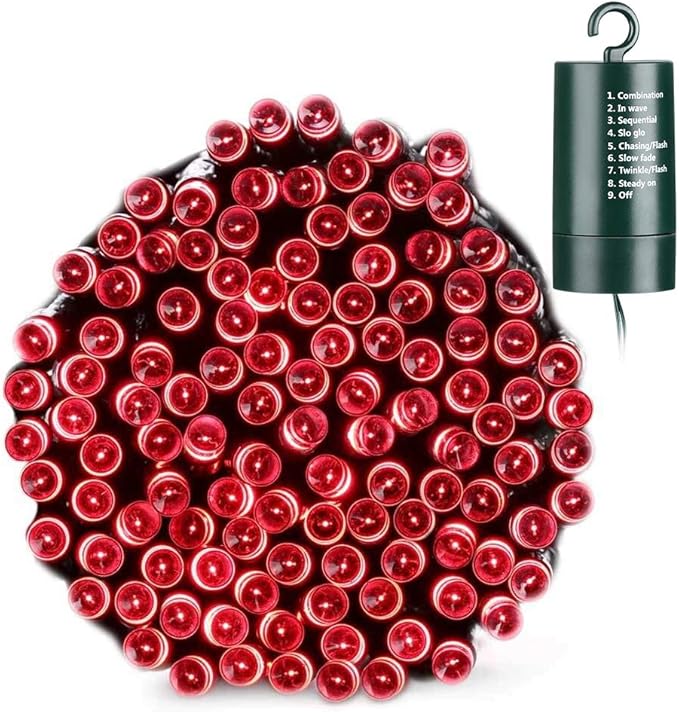 Joomer Red Battery Christmas Lights, 66ft 200LED Fairy Lights Battery Operated Timer 8 Modes Waterproof for Outdoor Home Garden Party Holiday Christmas Trees Decoration