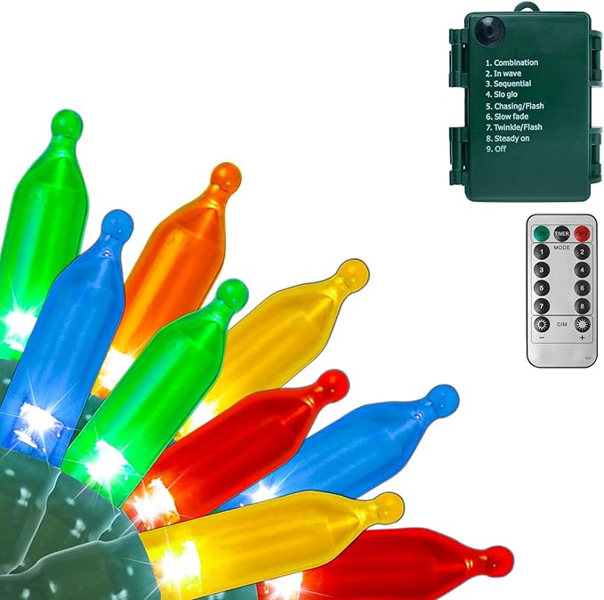 Battery Operated Christmas Lights, 33Ft 100 LED Multicolor String Lights with Auto Timer & 8 Modes, Shatterproof Waterproof for Outdoor Indoor Wedding Party Home, Green Wire