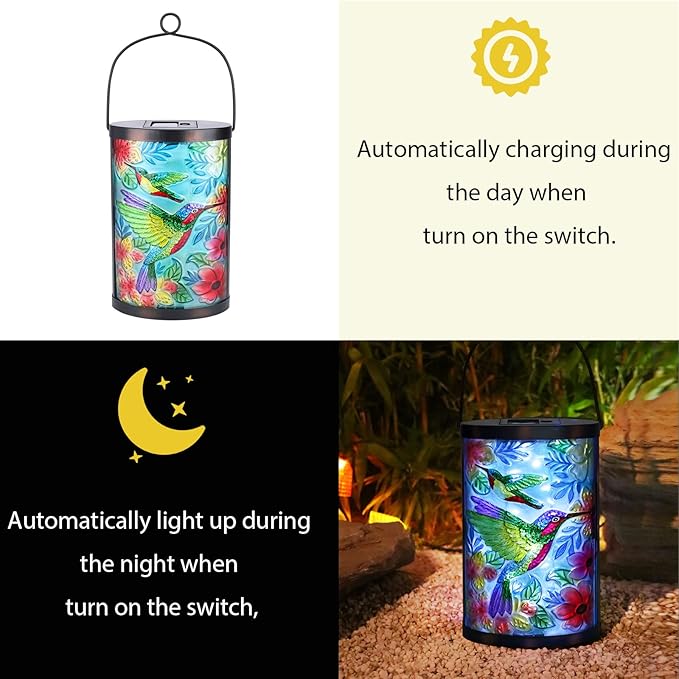 Afirst Solar Lantern Outdoor Hanging Glass Peacock Lights Waterproof Solar Lamp for Garden Yard Tree Desk Decor
