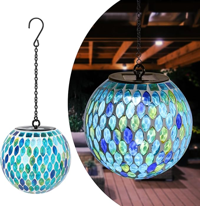 Mosaic Solar Hanging Lanterns, Rustic Yard Decor