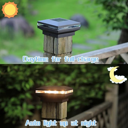 Dynaming 12 Pack Solar Post Lights, Outdoor Solar Powered Decorative Post Cap Light, Black Shell & Warm White LED Lighting for Fence Deck Patio, Only Fit 3.5"x3.5" Wooden Posts