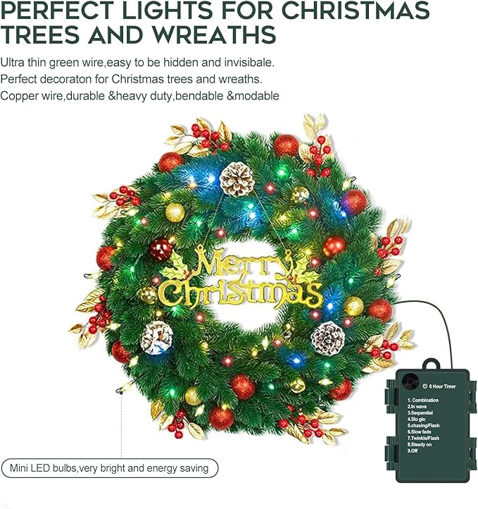 Battery Operated Christmas Lights, Waterproof Dark Green Copper Wire 20ft 200LED Fairy Light String Light for Garland, Wreath, Patio, Garden, Wedding, Party, Xmas,Multicolor