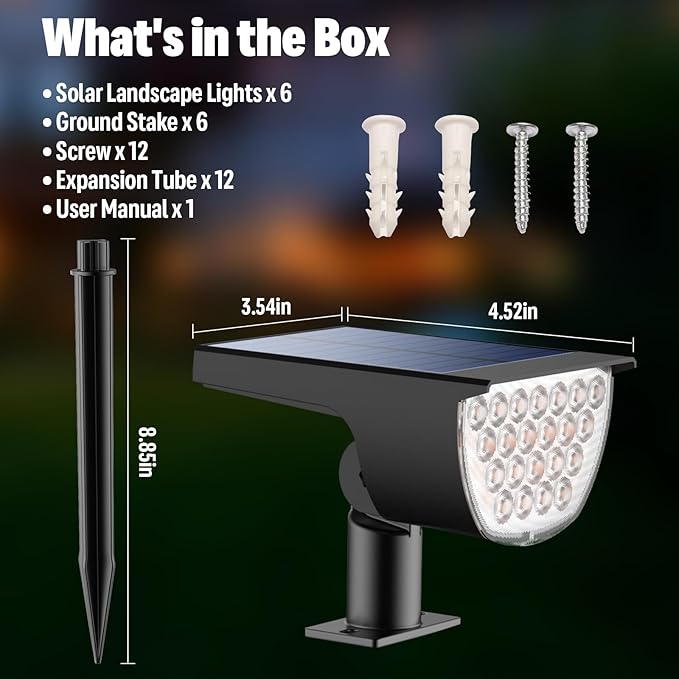 6-Pack 76 LED Solar Yard Spotlights, Waterproof