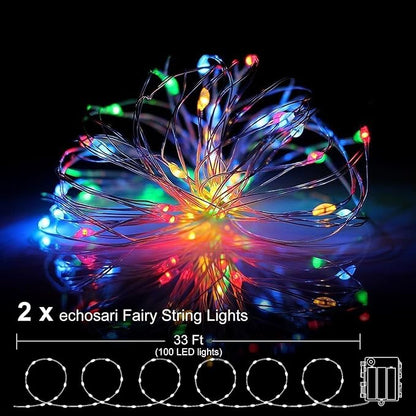 echosari 2 Pack Fairy Lights Battery Operated 200 LED 66Ft Silver Wire Starry Colored String Lights Auto Timer 8 Modes Waterproof Mini Christmas Fairy Lights for Bedroom Wedding Decor (Multicolor)