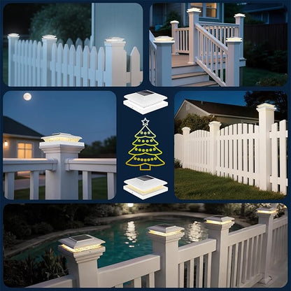 5x5 Solar Post Cap Lights Outdoor, 6 Pack 2 Modes (Warm/White Light) White Fence Post Solar Powered Deck Lights Waterproof for 5.5x5.5 Vinyl Posts Decorate Garden Deck Patio Porch