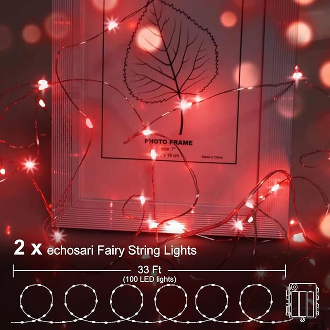 echosari 2 Pack Red Fairy Lights Battery Operated 200 LED 66Ft Silver Wire Starry String Lights Auto Timer 8 Modes Waterproof Mini Fairy Lights for Outdoor Indoor Garden Wedding Decor (Red)