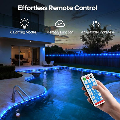ICRGB Solar Pool Lights for Above Ground, 66FT 200LED 1800mAh Solar Rope Lights Outdoor, IP67 Waterproof Blue String Light with Remote, 8 Modes & Timing, Pool Garden Patio Fence Walkway Christmas