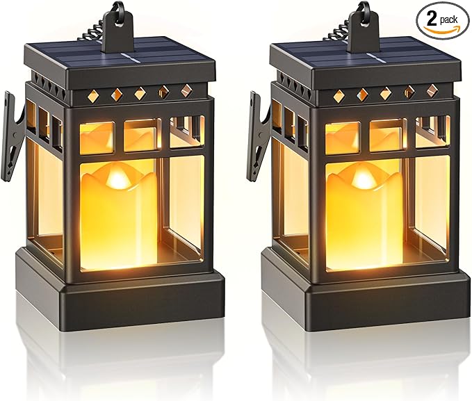 KOOPER Solar Lanterns Outdoor Waterproof, 2 Modes Hanging Solar Lantern with LED Realistic Flickering Flameless Candle, Candles Lanterns Lights Decorative for Outside Hanging Patio Yard Table Tree