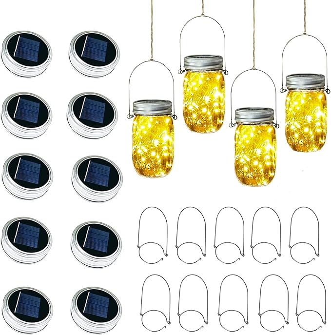 Solar Mason Jar Lid Lights, 10 Pack 30LED String Fairy Star Firefly Jar Lids Lights,10 Hangers Included(Jars Not Included), Best for Mason Jar Decor,Patio Garden Decor Solar Laterns Table Lights