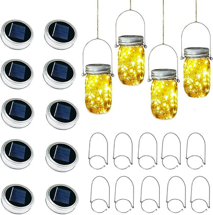 Solar Mason Jar Lid Lights, 10 Pack 30LED String Fairy Star Firefly Jar Lids Lights,10 Hangers Included(Jars Not Included), Best for Mason Jar Decor,Patio Garden Decor Solar Laterns Table Lights