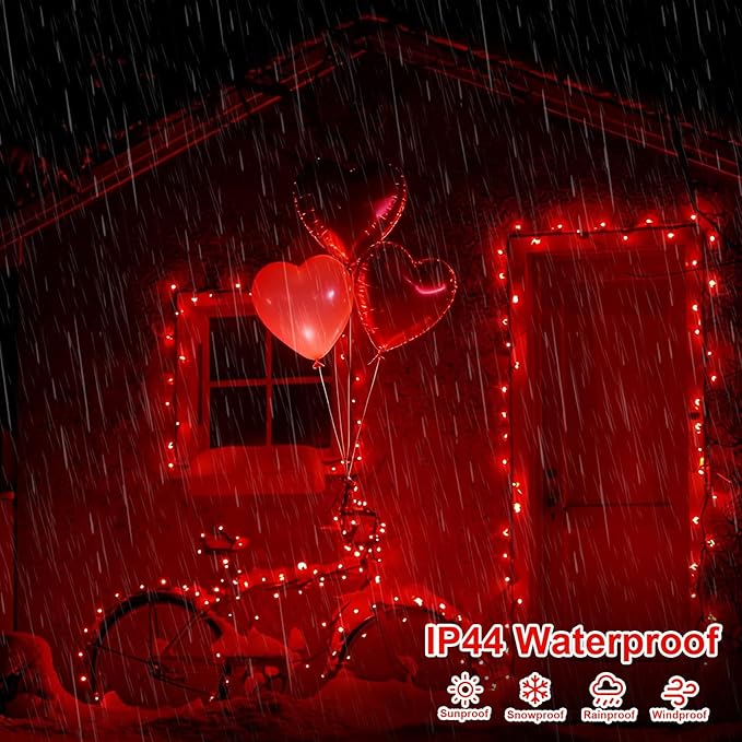 QITONG 2 Pack Red Battery Operated String Lights, Each 33ft 100 LED Christmas Lights Outdoor Indoor, Green Wire Twinkle Lights with Remote