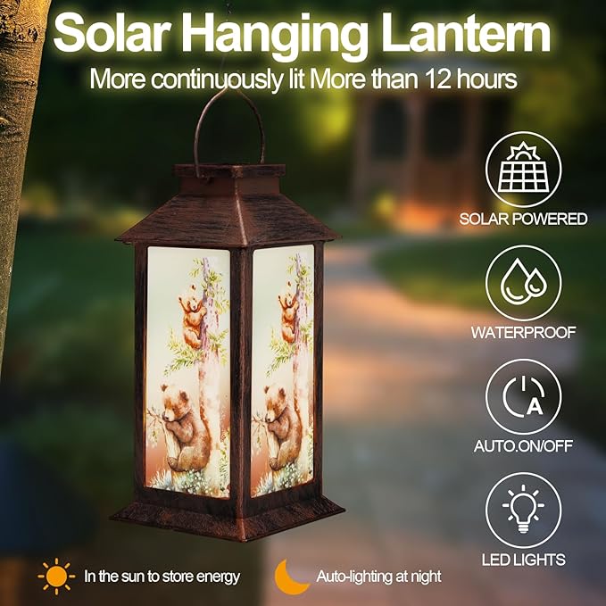 Outdoor Hanging Solar Lantern Waterproof Outside Bear Pattern Landscape Lights for Porch Garden Yard Patio Pathway Decor Birthday Gifts for Women Mom Grandma