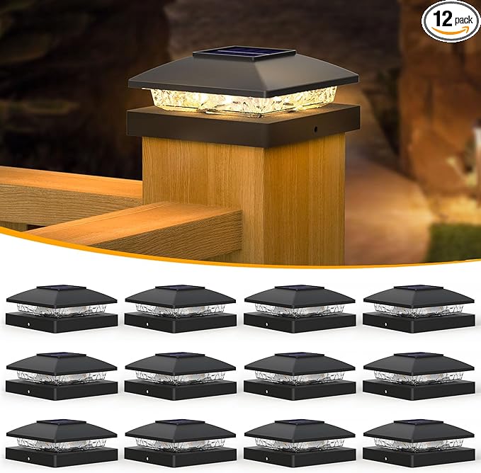12-Pack Warm White Fence Post Cap Lights, Solar LED