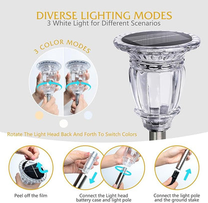 Solar Pathway Lights Outdoor 2 Pack, 3 Lighting Modes Glass and Stainless Steel White Solar Garden lights, 17.3" LED Waterproof & Solar Powered outdoor lights, Walkway Light, for Driveway Lawns Yard