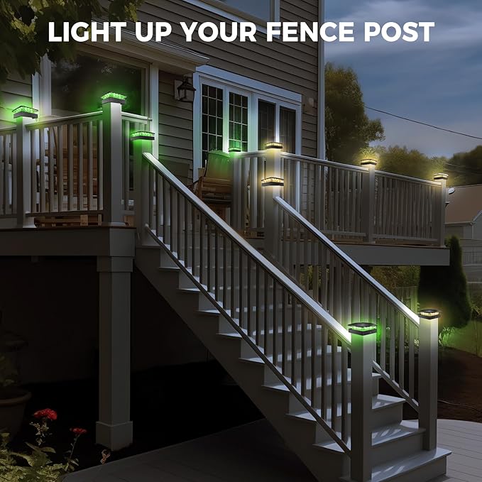 Peasur 4x4 Solar Post Lights Outdoor, 4 Packs Green & Warm White LED Fence Caps Light Waterproof, Wood & Vinyl Post Top Lighting for Deck Mailbox Railing Porch Outside