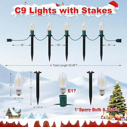 60Ft C9 Led Christmas Pathway Lights Outdoor, 40 Warm White Bulbs Waterproof Connectable Extra Long Christmas Walkway Lights for Large Driveway, Yard, Lawn