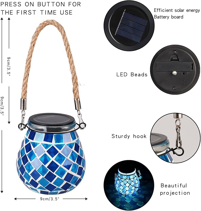 Mosaic Solar Lights Outdoor Lanterns, Decorative Mosaic Glass Solar Lamps Outdoor Waterproof, Hanging Lanterns Night Lights for Garden, Patio, Pathway & Yard Decor (Blue)