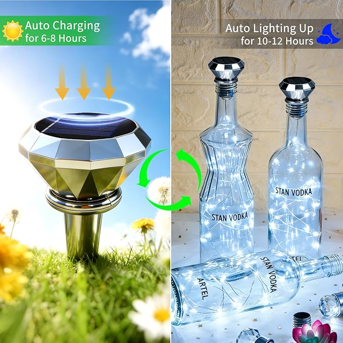 Solar Diamond Shaped Wine Bottle Cork Lights 10 Pack Solar String Fairy Lights Outdoor Waterproof for Wedding Holiday Garden Patio Pathway Bar Concert Indoor Outdoor Decorative (Cool White)