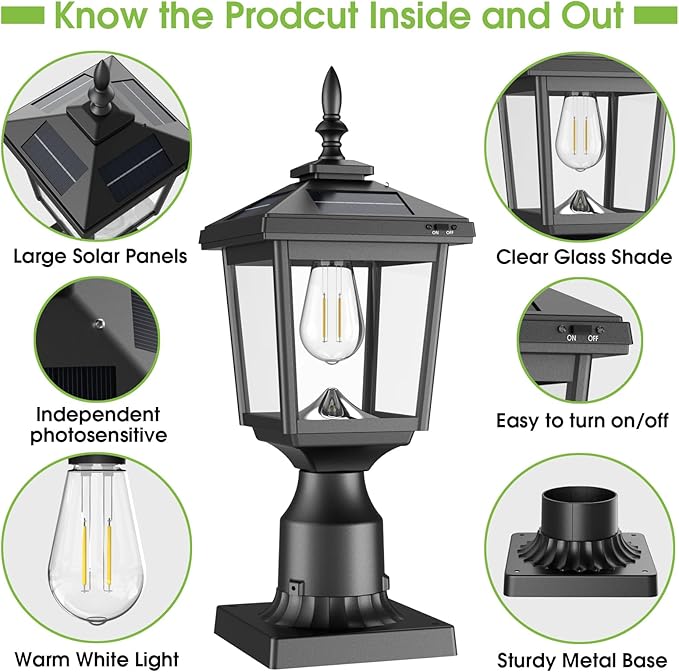 Greluna Solar Post Light with Pier Mount Base, 3000K Dusk to Dawn Lamp, Waterproof Outdoor Garden Yard Landscape Lighting, Decorative Pillar Light
