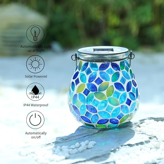 Metal Mosaic Solar Lanterns for Patio, Waterproof LED