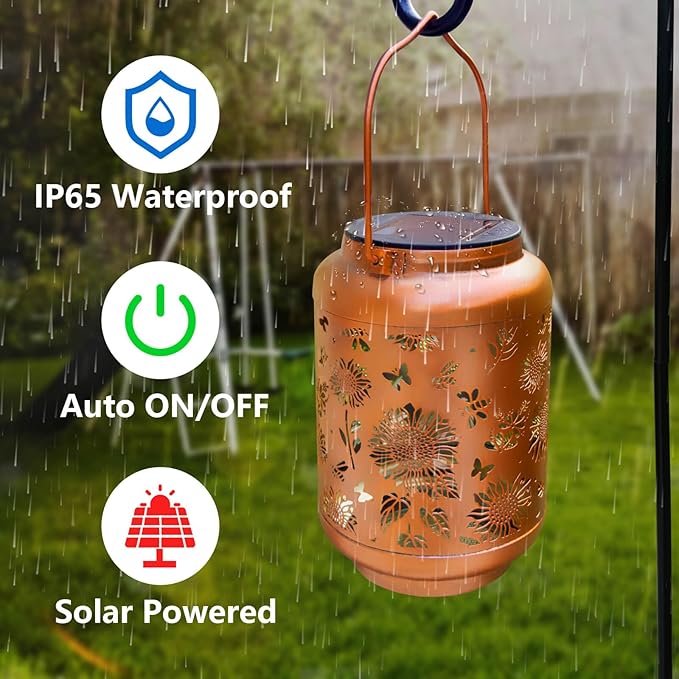 Sunflower Solar Lantern Outdoor Waterproof, Metal Hanging Solar Powered Lantern Light, Birthday Gardening Gifts for Women Mom Grandma, , Garden Decor for Yard, Patio, Porch, Backyard Balcony