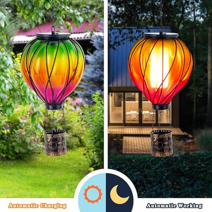 Colorful Solar Hot Air Balloon Lantern with Flame Flickering, Outdoor Waterproof Hanging Light for Patio, Porch, Yard, Garden Decor