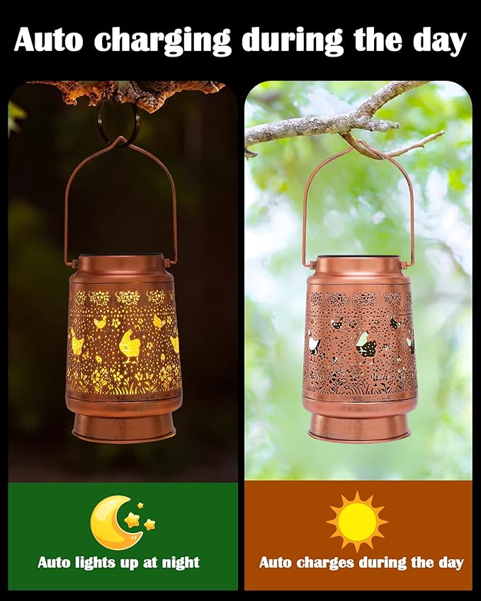 Chicken Gifts for Women - Waterproof Solar Lantern Outside Metal Yard Decor Hanging Lights Decorative Garden Patio Lawn Pathway Lighting Lamp New Year Birthday Gift for Mom Grandma Friends