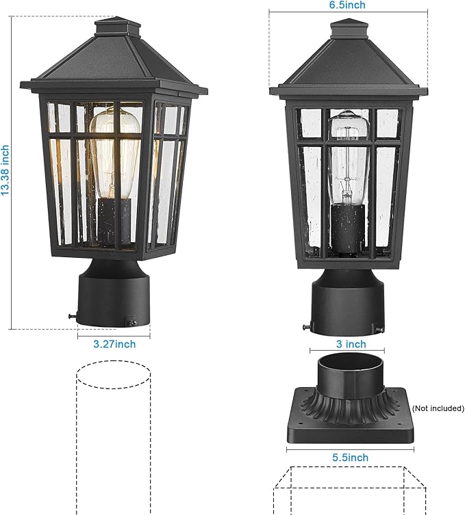 Darkaway Outdoor Post Lights Lamp Post Light Fixture, Waterproof Aluminum Housing with Glass, Fence Post Deck Lighting for Garden, Patio, Pathway (1 Pack, Black)