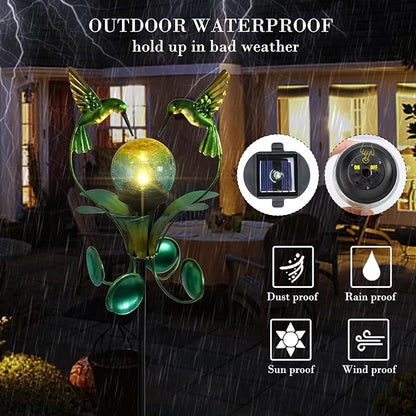 Solar Lights Outdoor Metal Garden Stake Waterproof Crackle Glass Globe Garden Decor Green Hummingbird for Pathway, Lawn, Patio, Yard