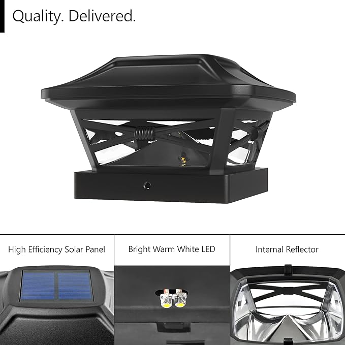 2-Pack Black Solar Patio Post Lights, Outdoor LED Caps