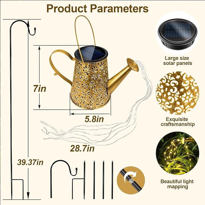 Anordsem Solar Garden Lights Decorative - Metal Watering Can with Cascading and Hook - Waterproof Hanging Lantern Outdoor Yard Lawn Decor - Birthday Gardening Gifts for Mom Grandma
